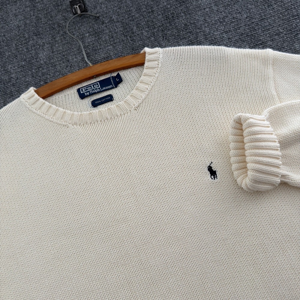 Vintage stained Polo Ralph Lauren Knit Sweater Large Cream White Pony Logo